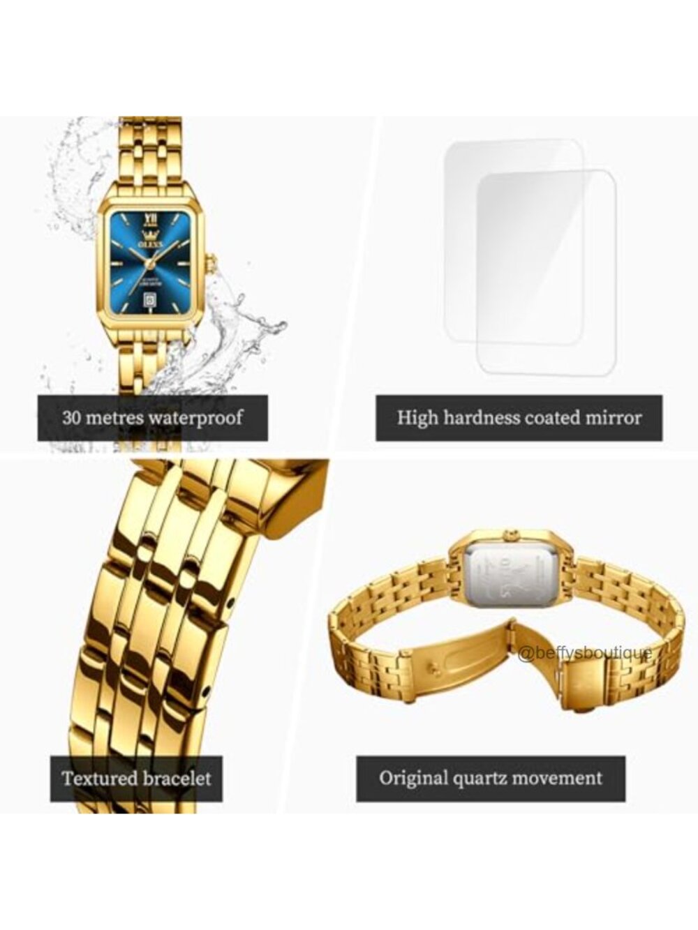 Square Watch Gold Stainless Steel Bracelet Ladies Small Face Quartz - Picture 3 of 6